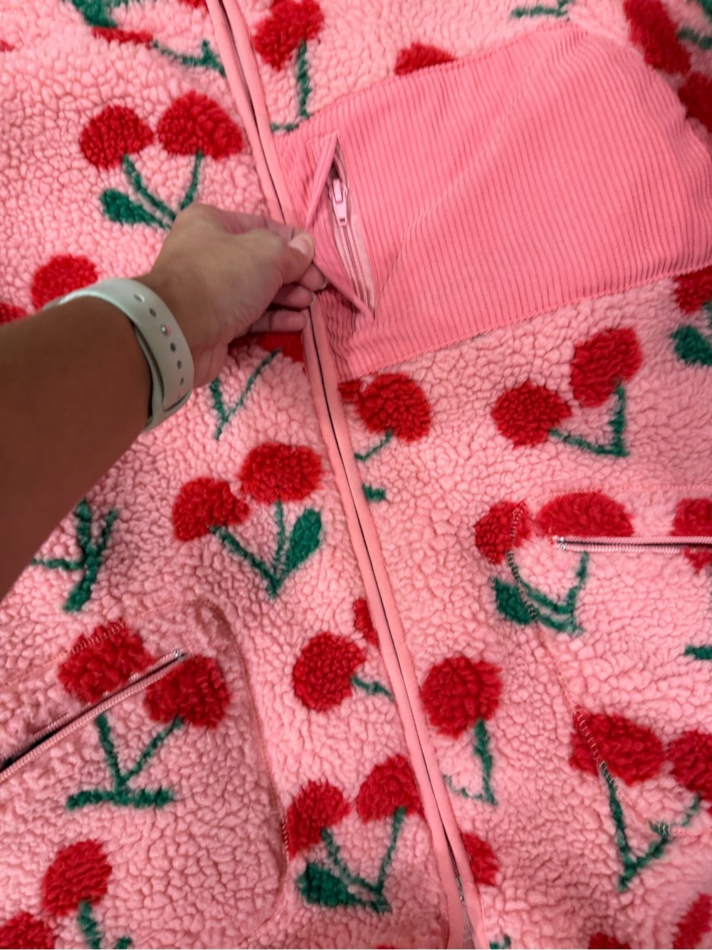 Pink Sherpa Jacket with Red Cherry Print - Picture 4 of 6